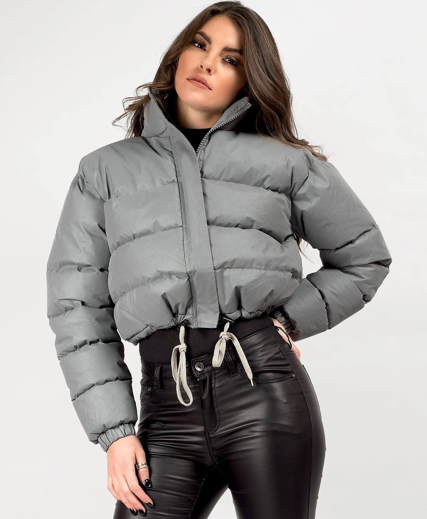 Grey Reflective Padded Cropped Puffer Jacket