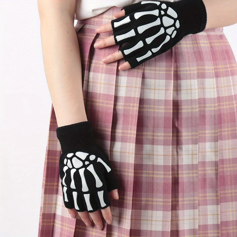 Half Finger Skeleton Gloves Glowinthedark Halloween Punk Accessory