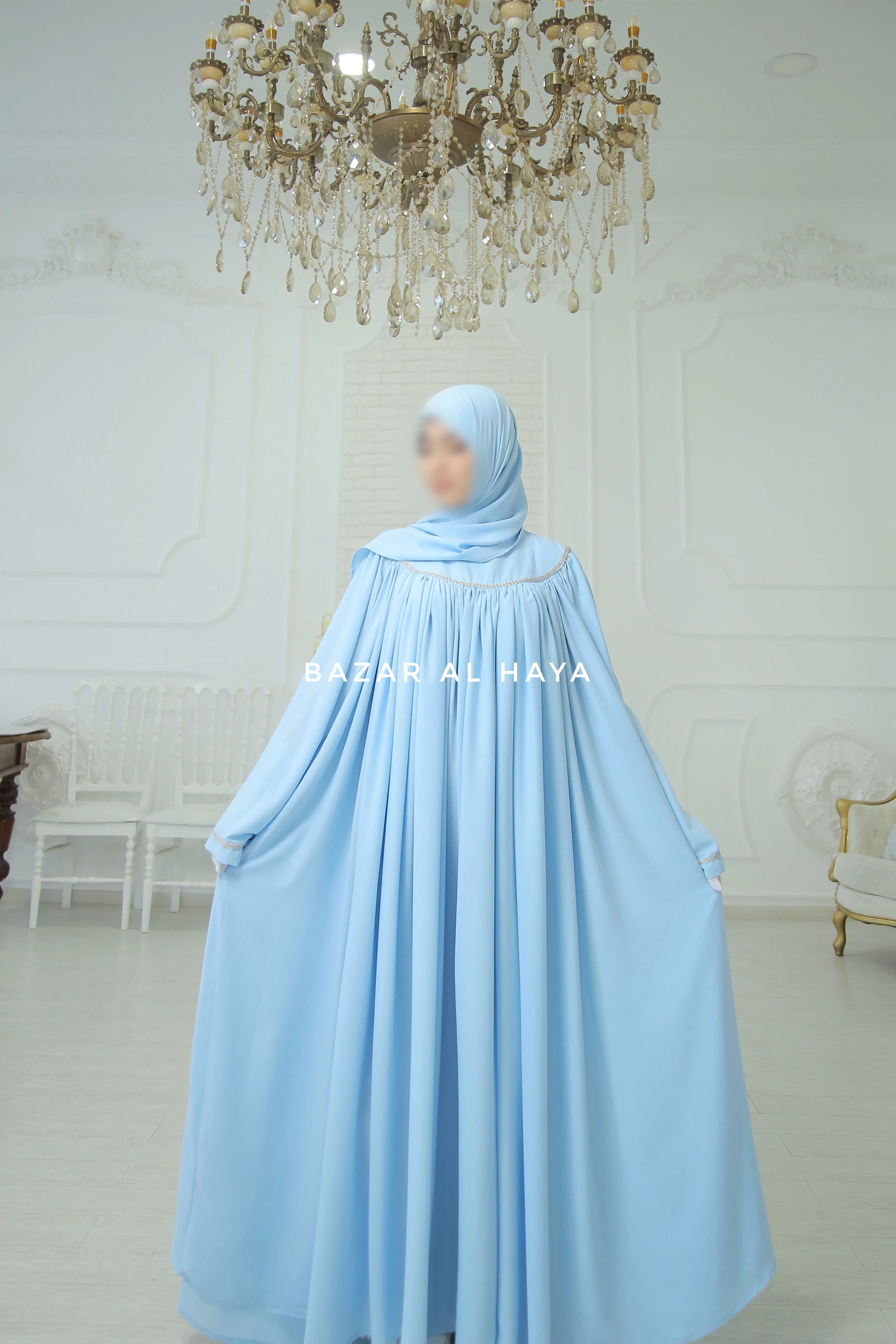 Haniya Sky Blue Abaya Gown - Elegently Wide With Unique Decor - 3 Piece