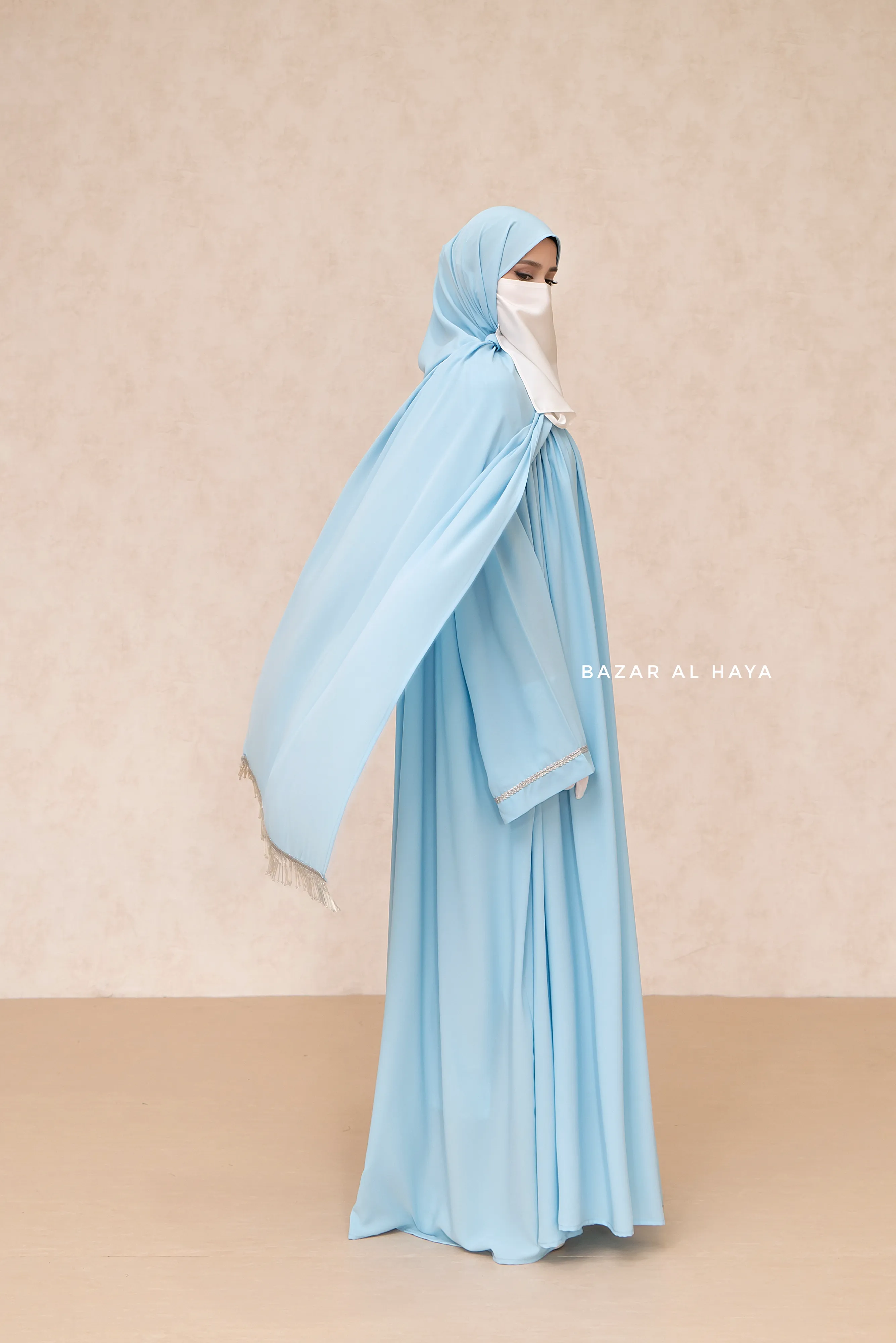 Haniya Sky Blue Abaya Gown - Elegently Wide With Unique Decor - 3 Piece