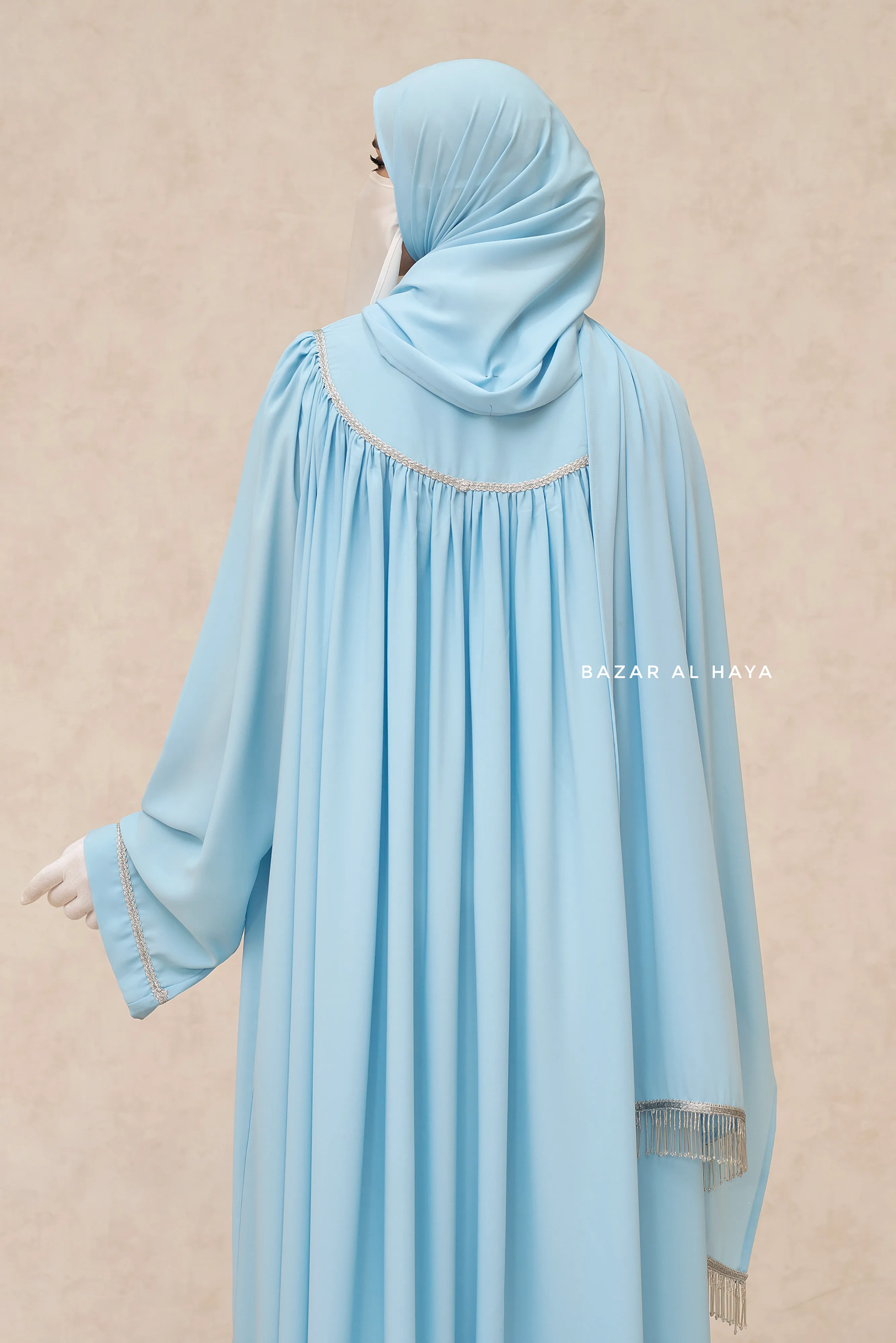 Haniya Sky Blue Abaya Gown - Elegently Wide With Unique Decor - 3 Piece