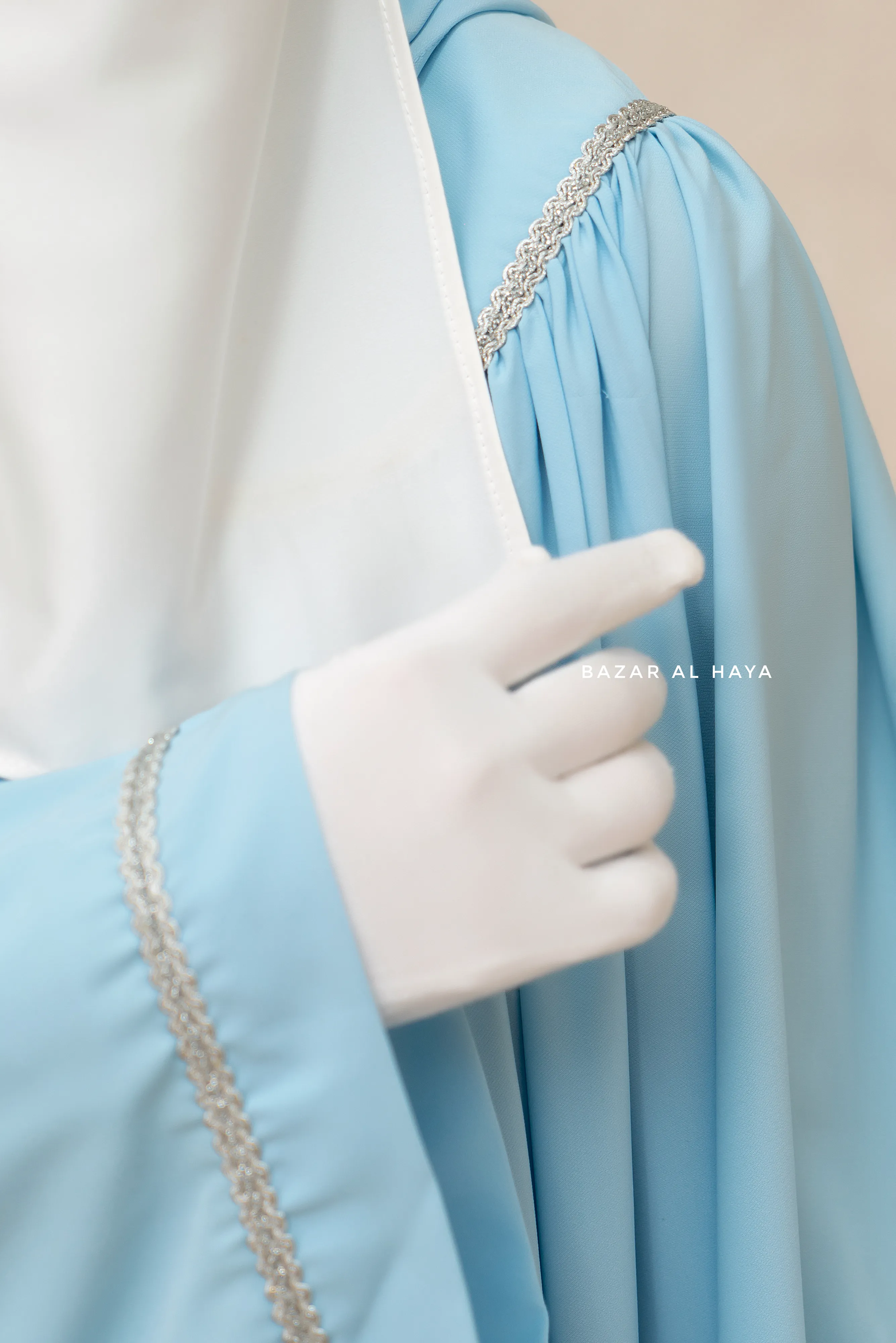 Haniya Sky Blue Abaya Gown - Elegently Wide With Unique Decor - 3 Piece