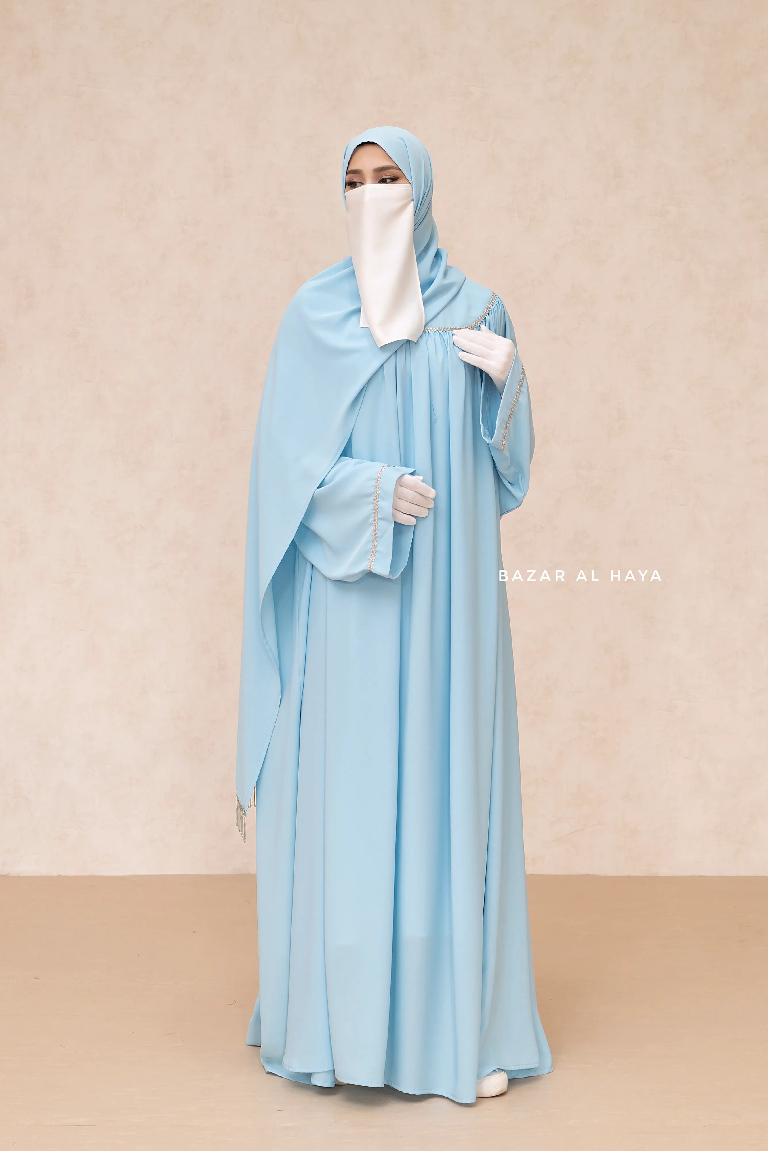 Haniya Sky Blue Abaya Gown - Elegently Wide With Unique Decor - 3 Piece