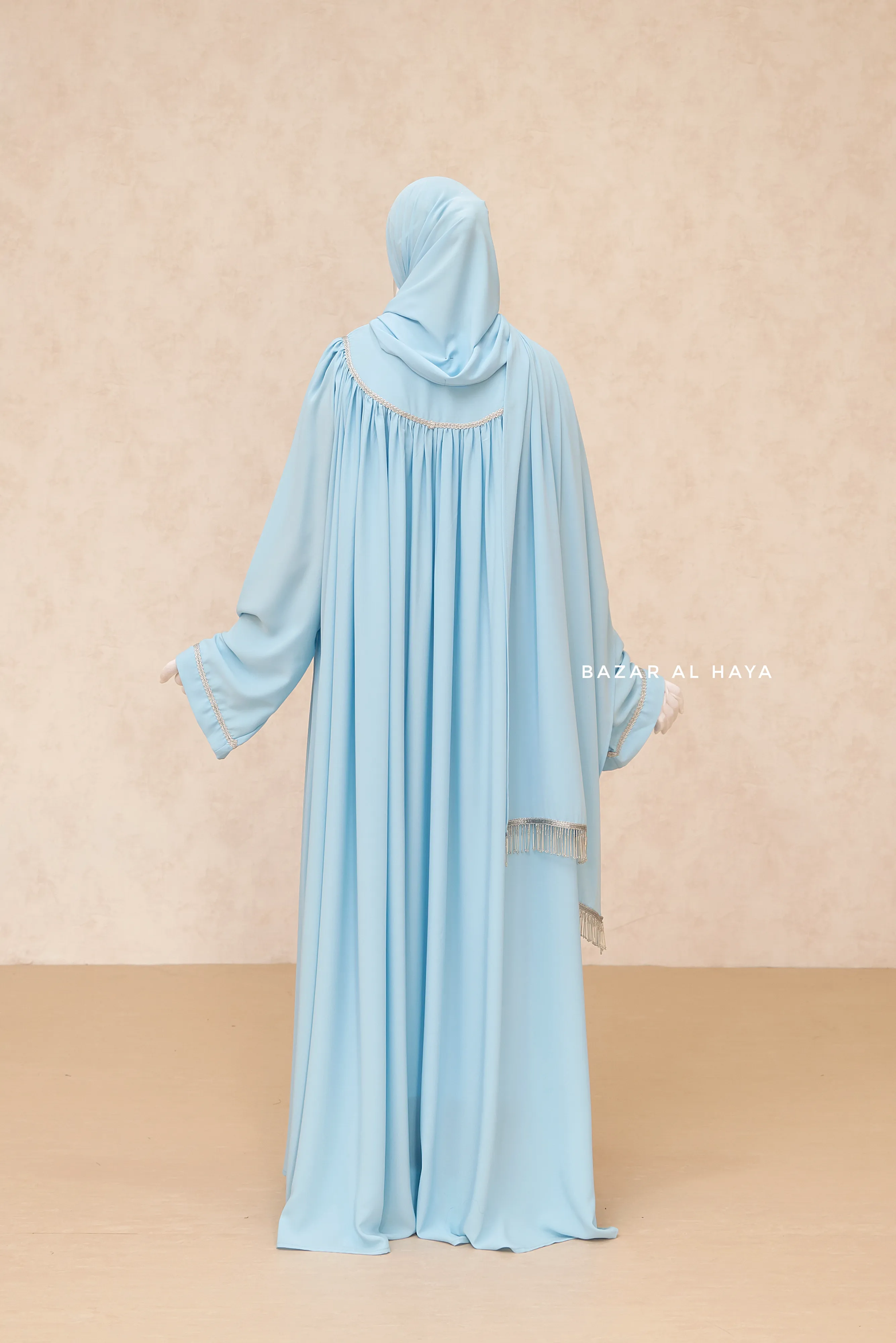 Haniya Sky Blue Abaya Gown - Elegently Wide With Unique Decor - 3 Piece