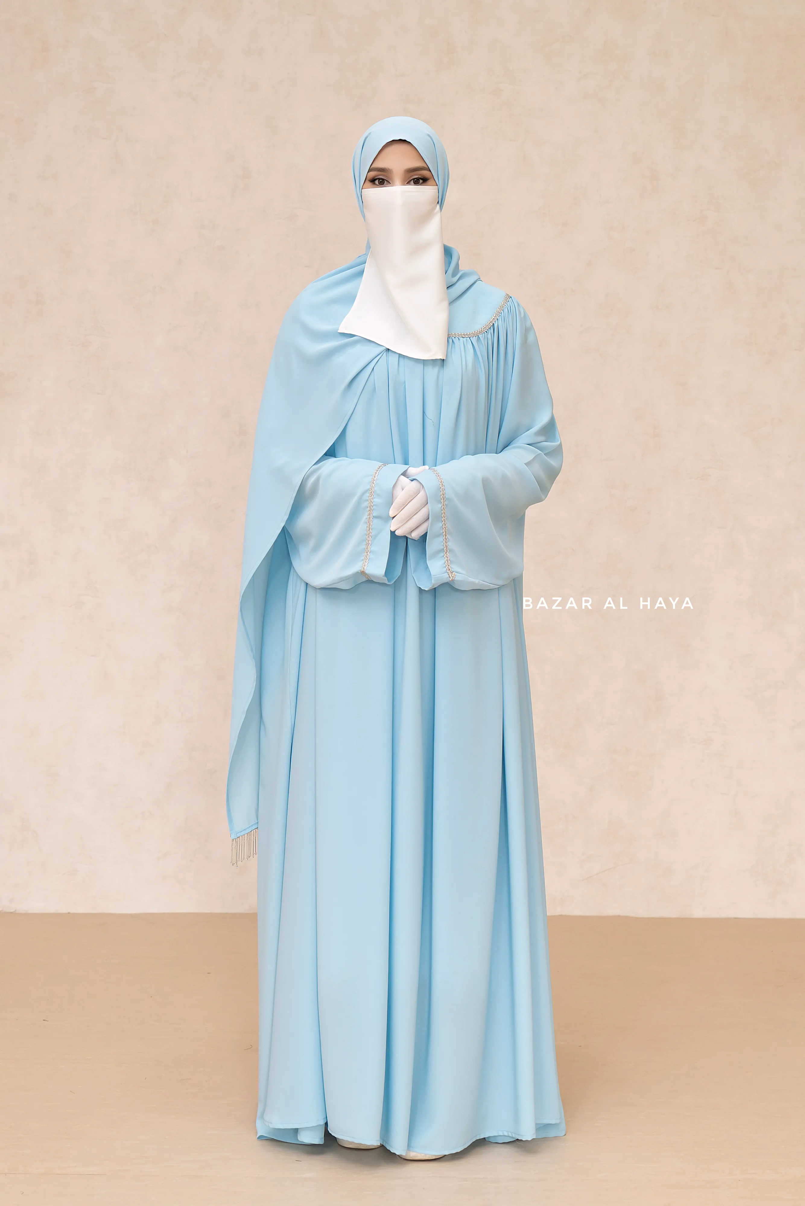 Haniya Sky Blue Abaya Gown - Elegently Wide With Unique Decor - 3 Piece