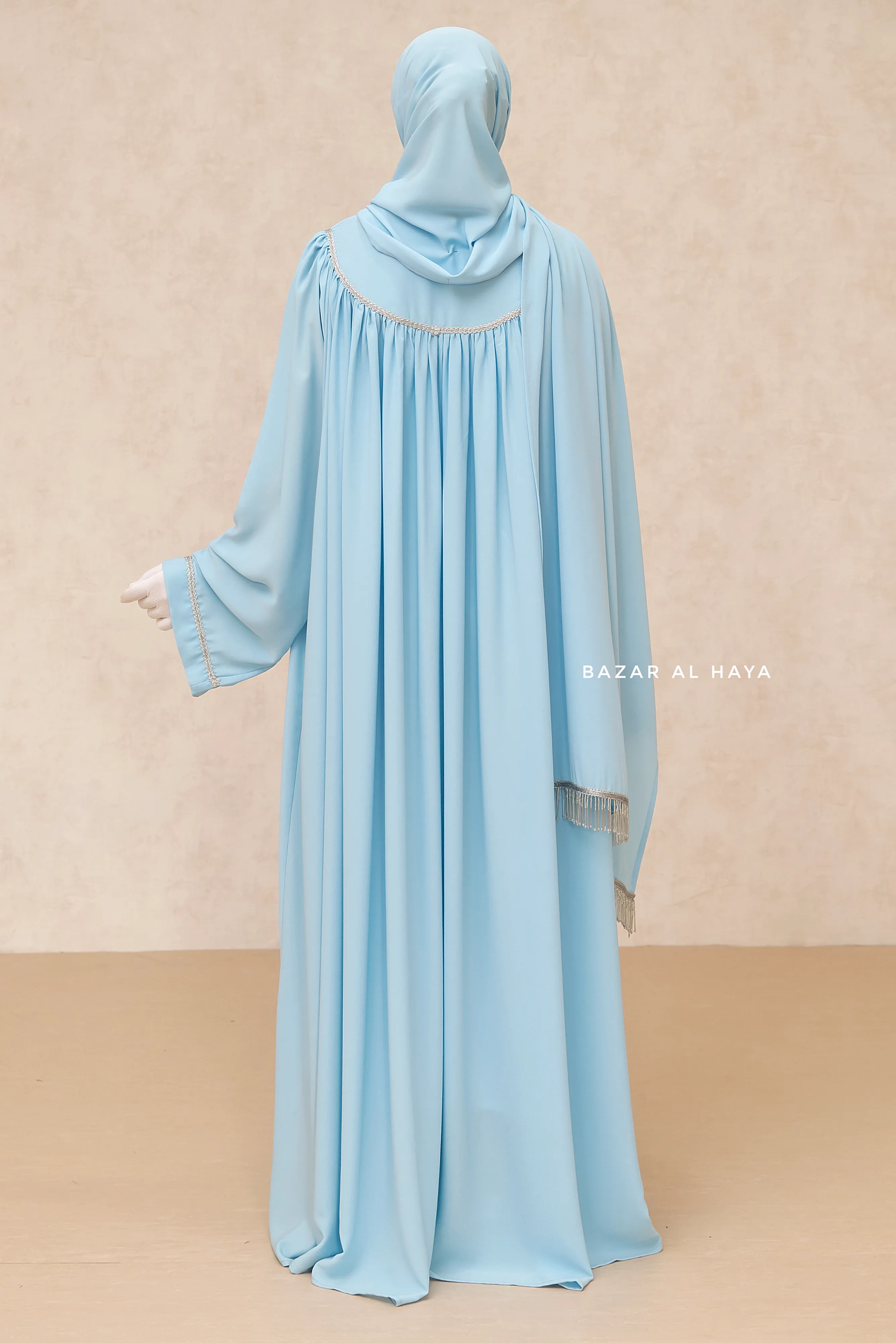 Haniya Sky Blue Abaya Gown - Elegently Wide With Unique Decor - 3 Piece