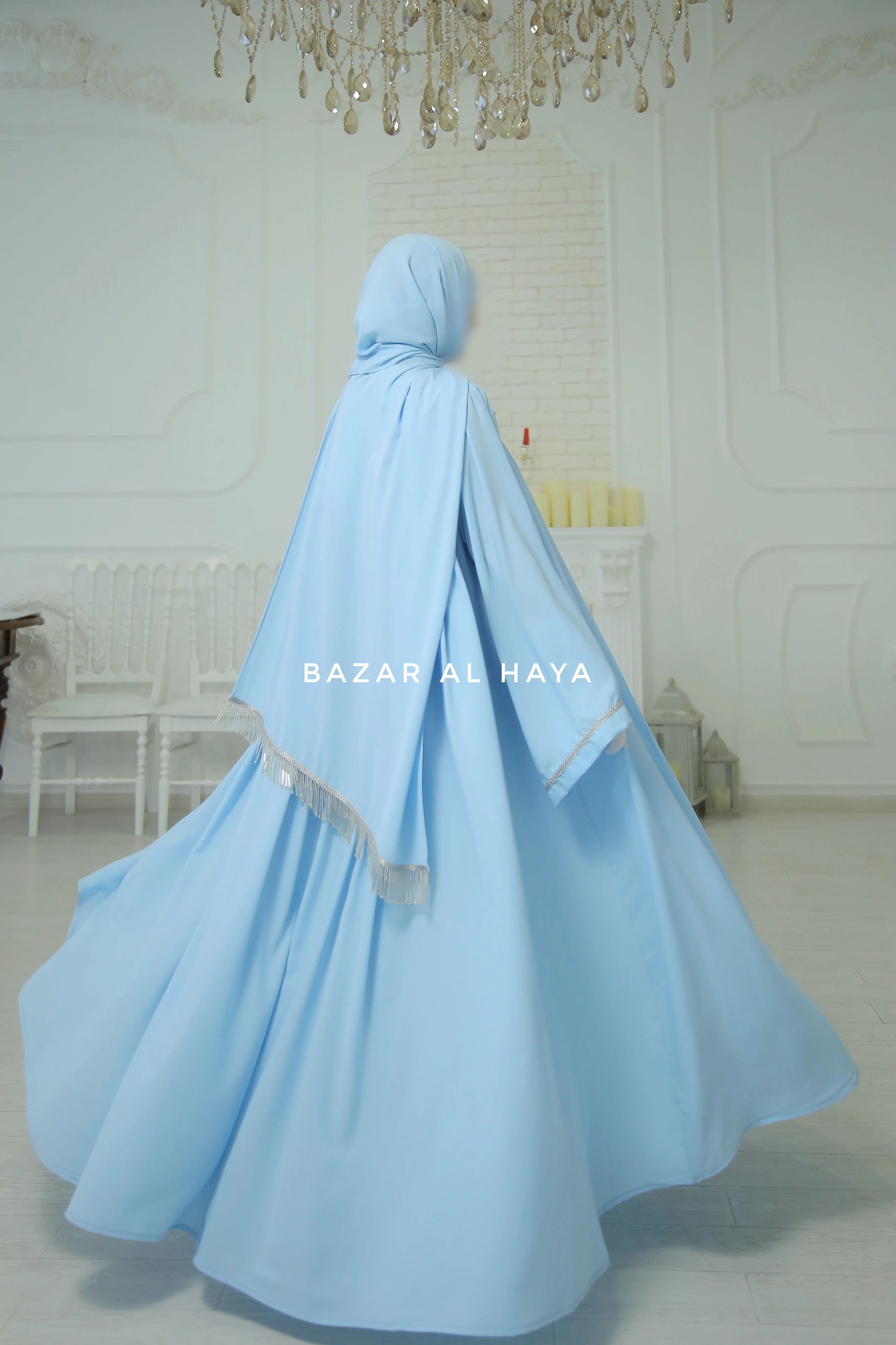 Haniya Sky Blue Abaya Gown - Elegently Wide With Unique Decor - 3 Piece