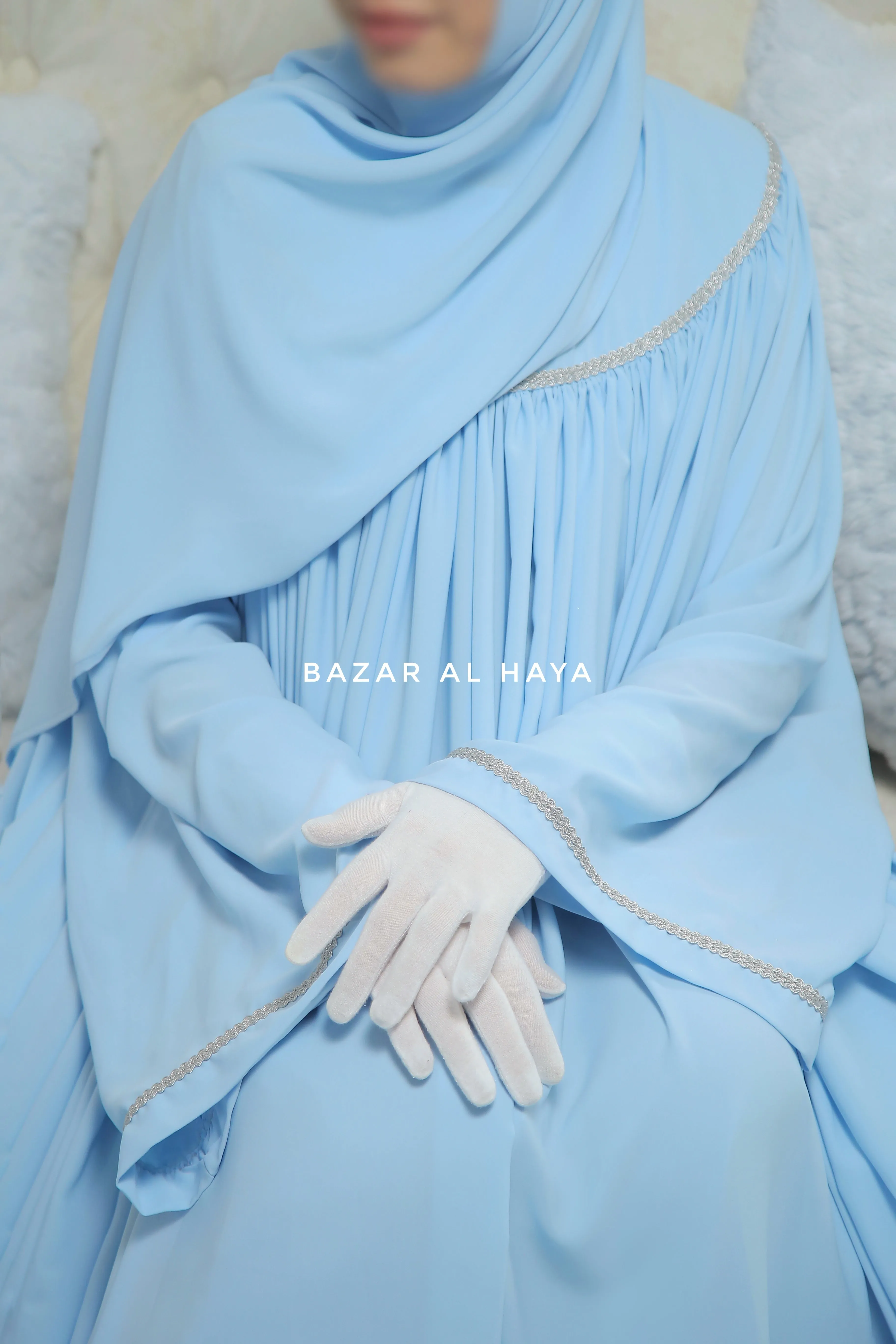 Haniya Sky Blue Abaya Gown - Elegently Wide With Unique Decor - 3 Piece