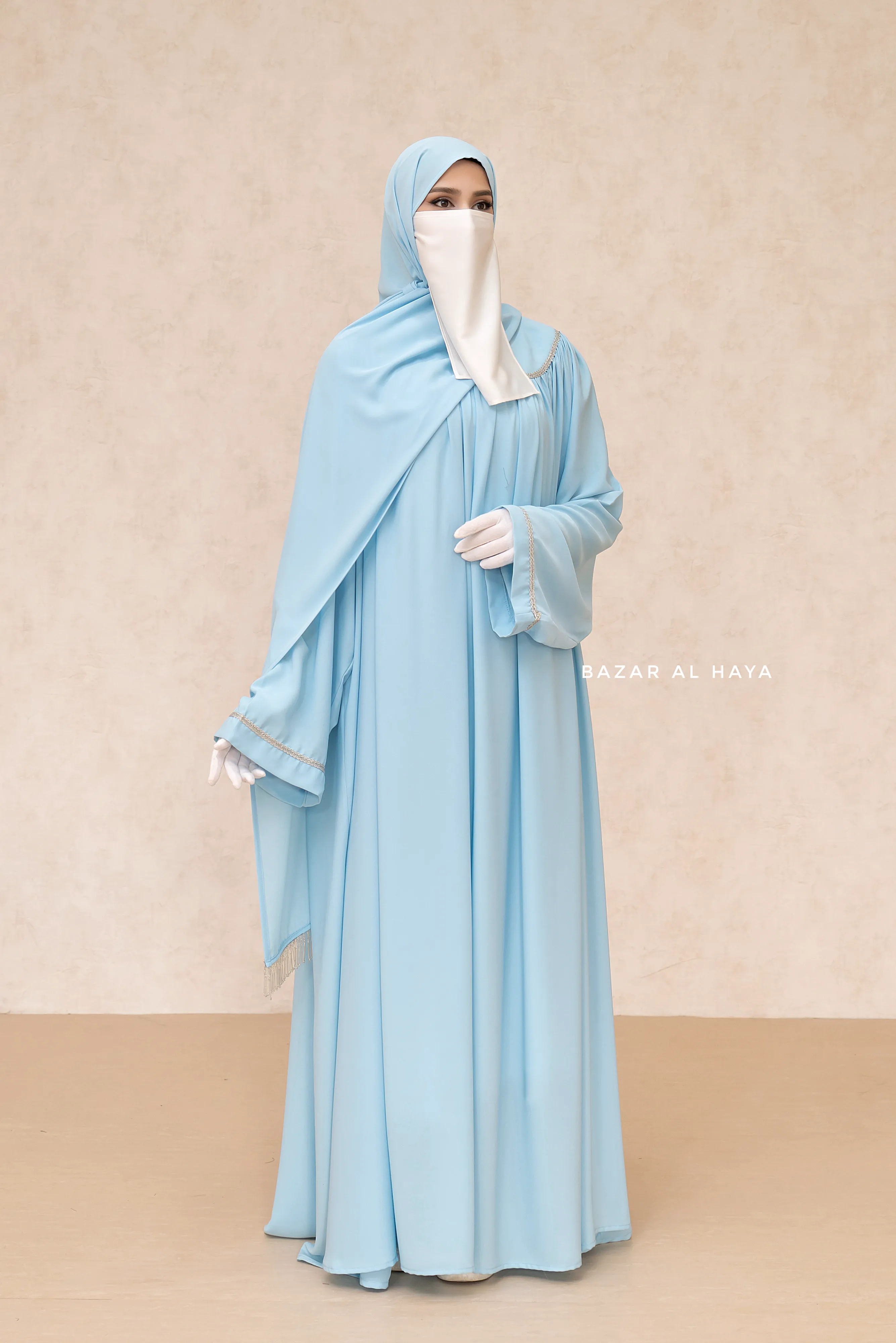 Haniya Sky Blue Abaya Gown - Elegently Wide With Unique Decor - 3 Piece