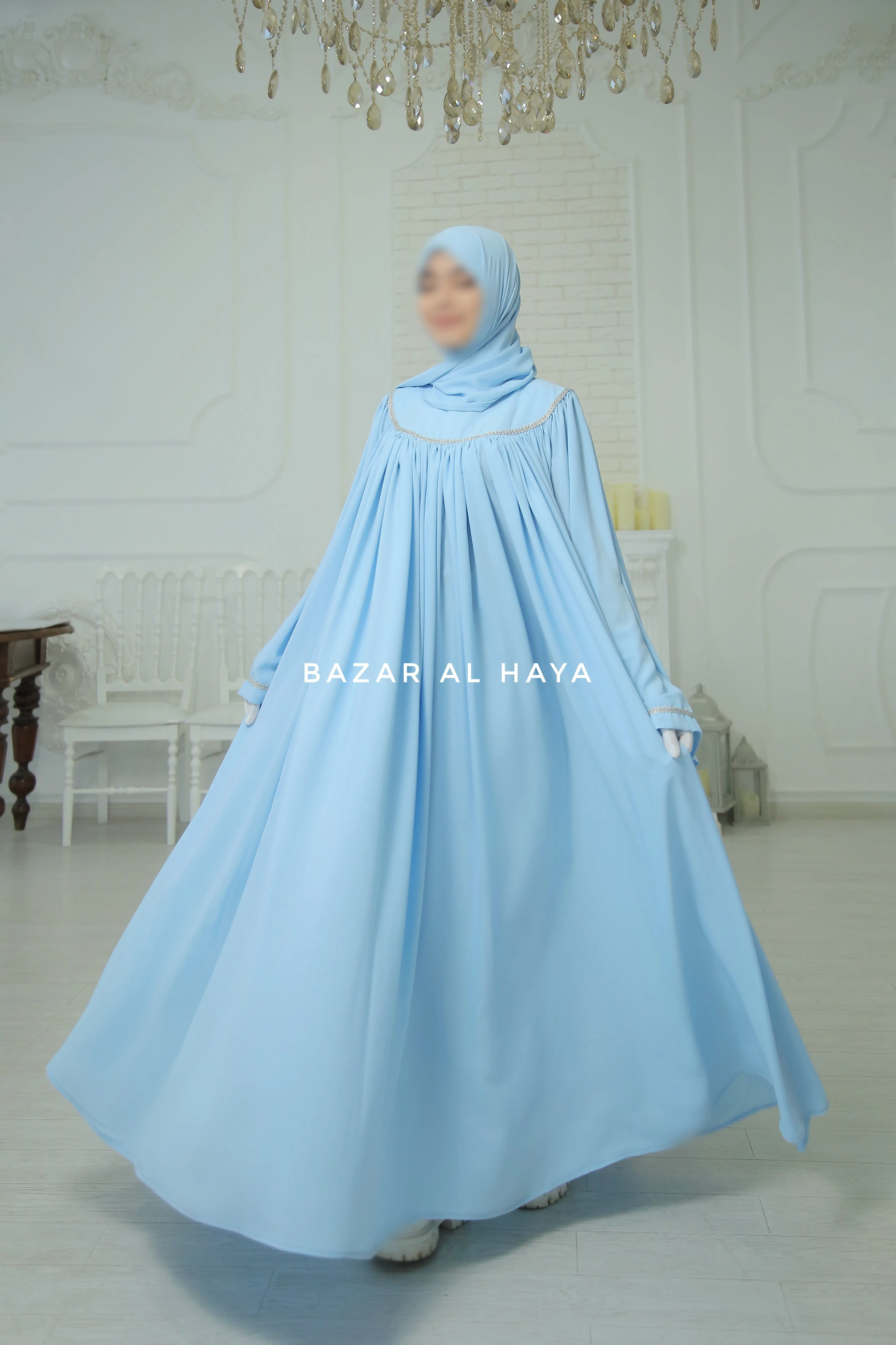 Haniya Sky Blue Abaya Gown - Elegently Wide With Unique Decor - 3 Piece