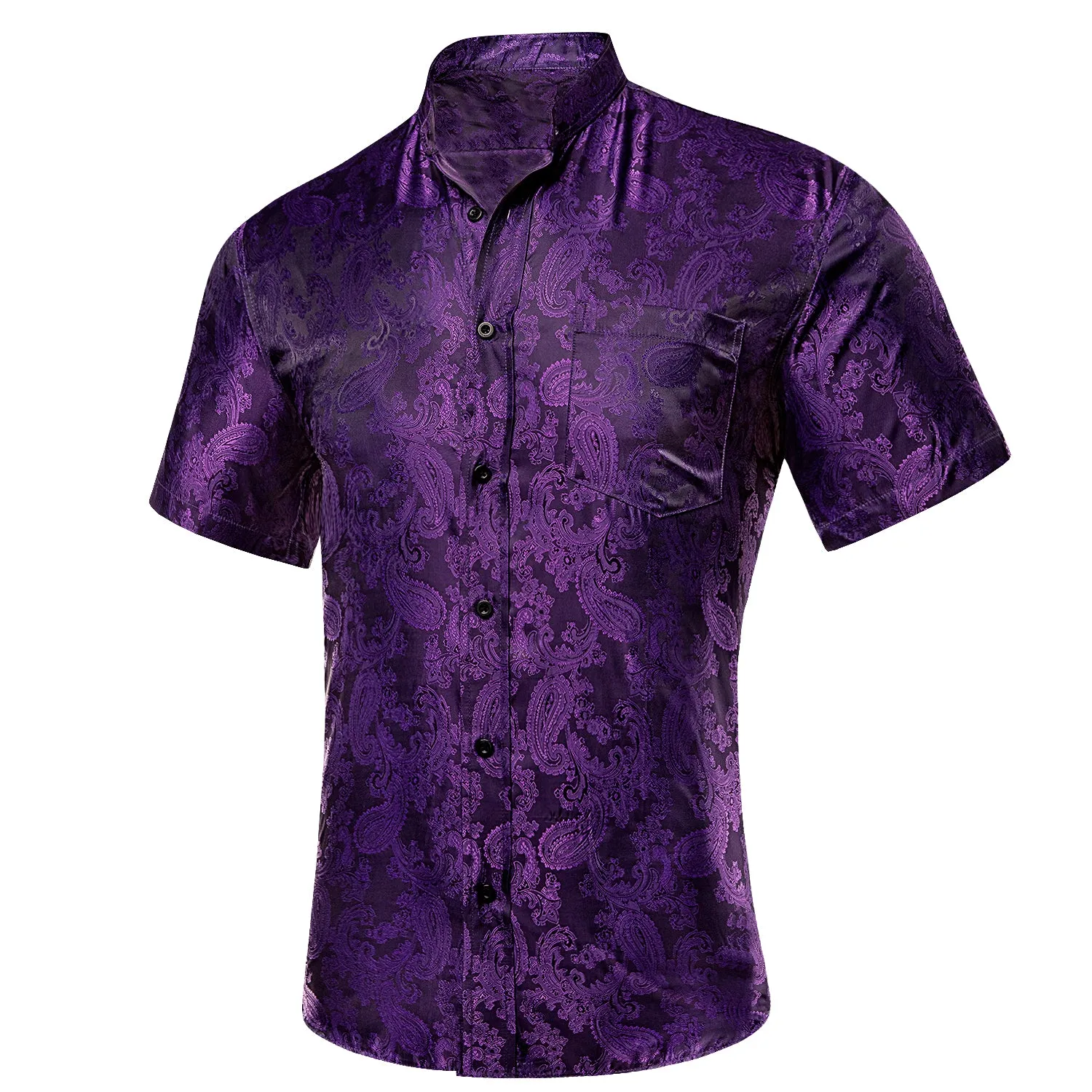 Hi-Tie Deep Purple Paisley Silk Men's Button Down Short Sleeve Shirt