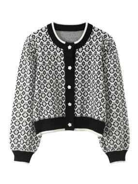 High Quality Fashion Designer Floral Jacquard Cardigan Long Sleeve Single Breasted Contrast Color Women Knitted Sweater C-165