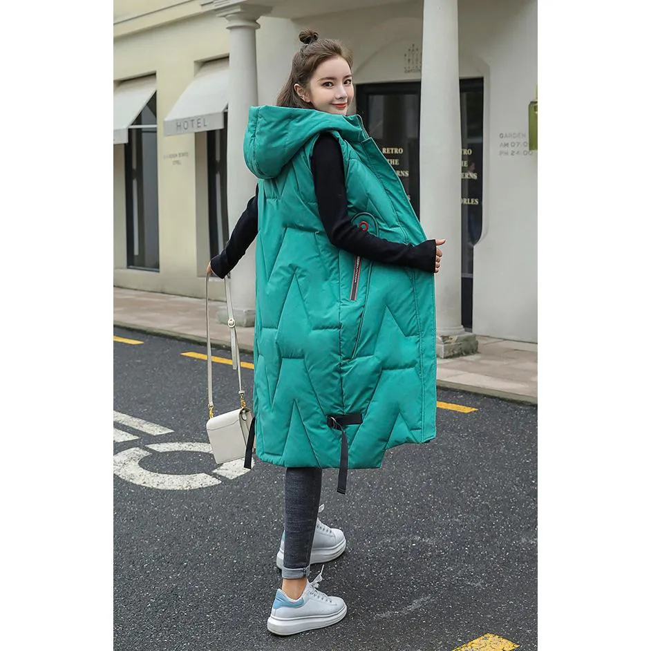 Hooded Knee-Length Puffer Coat Vest