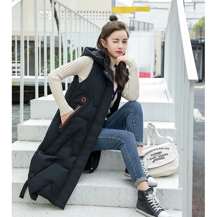 Hooded Knee-Length Puffer Coat Vest