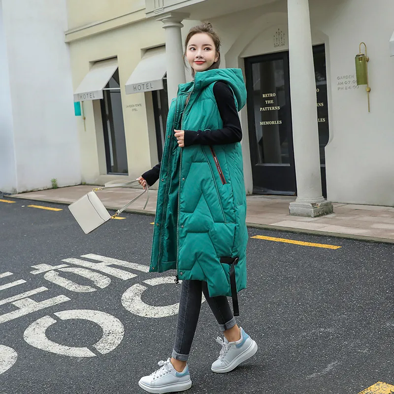 Hooded Knee-Length Puffer Coat Vest