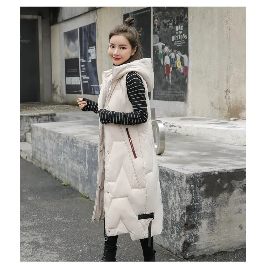 Hooded Knee-Length Puffer Coat Vest