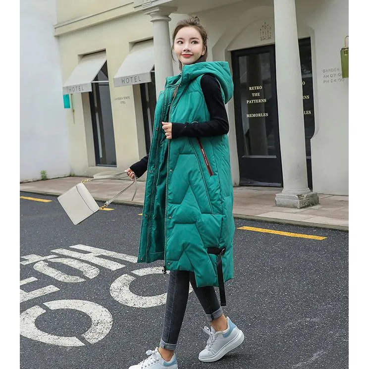 Hooded Knee-Length Puffer Coat Vest