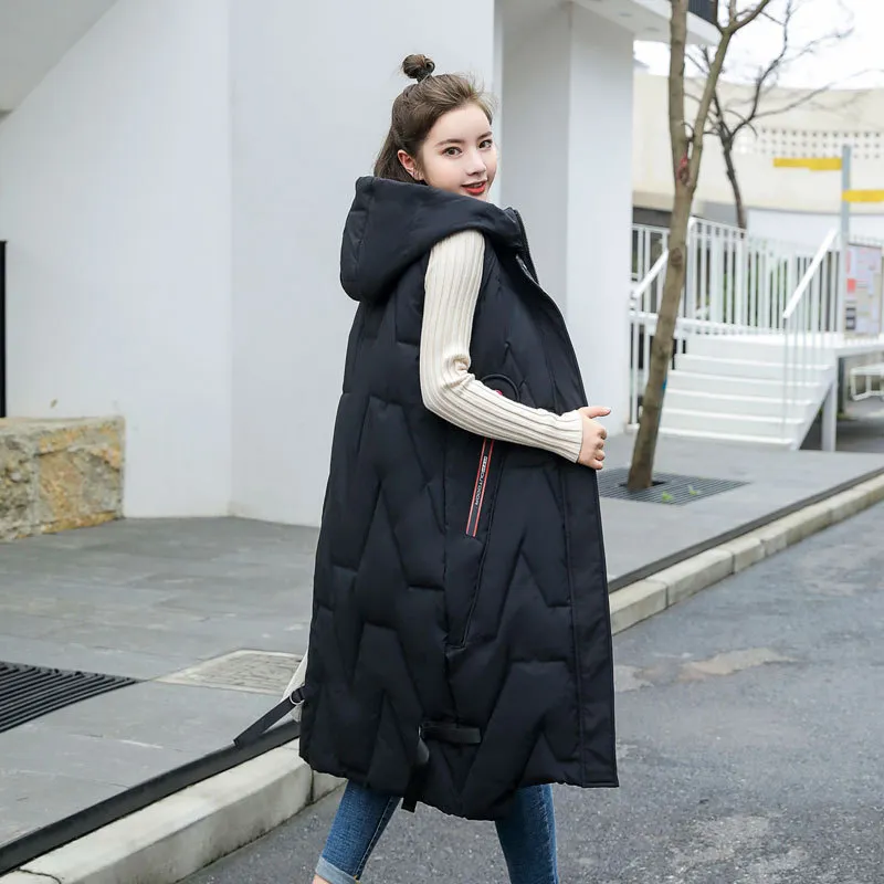 Hooded Knee-Length Puffer Coat Vest