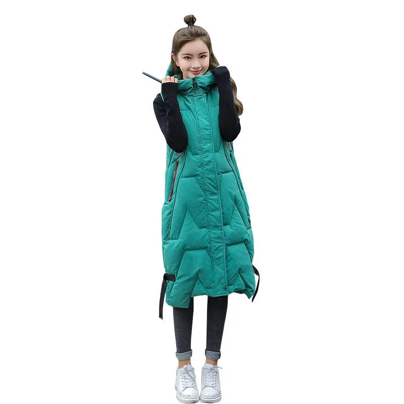 Hooded Knee-Length Puffer Coat Vest