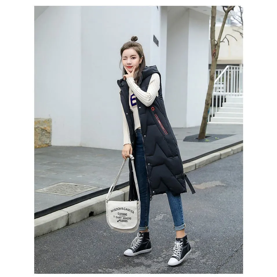 Hooded Knee-Length Puffer Coat Vest