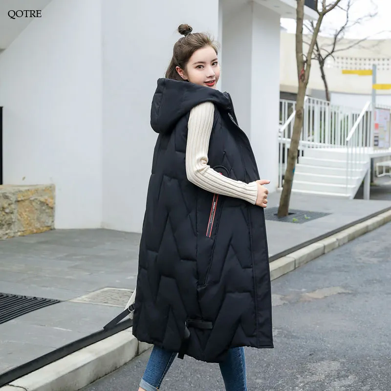 Hooded Knee-Length Puffer Coat Vest