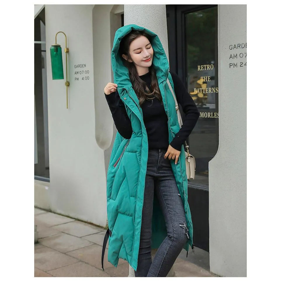 Hooded Knee-Length Puffer Coat Vest