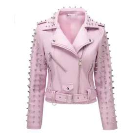 Hot Pink Studs Leather Jacket