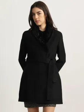 Iconic Women Black Solid Shawl Collar Full Sleeves Overcoat