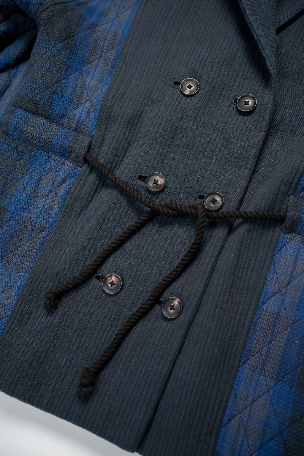 Indi   Ash Reversible Shawl Overcoat - Iron/Indigo Handwoven Denim/Plaid