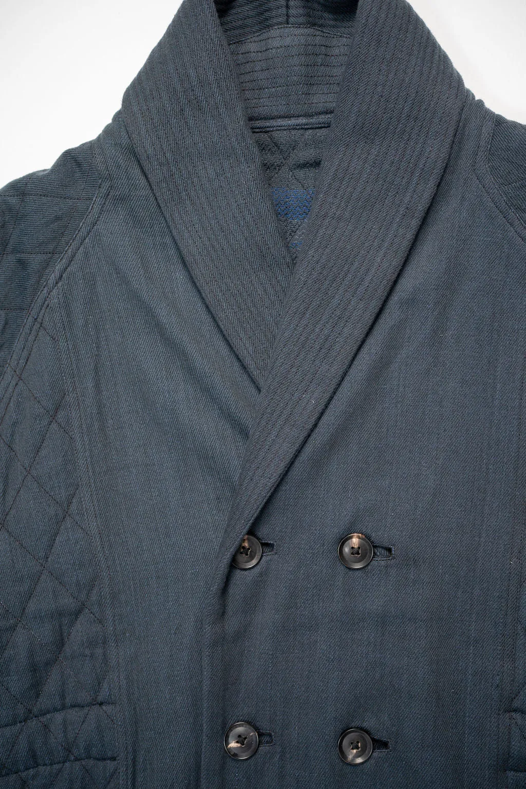 Indi   Ash Reversible Shawl Overcoat - Iron/Indigo Handwoven Denim/Plaid