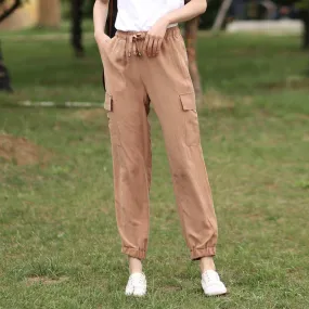 Khaki Women Casual Pants Side Pockets SXM97274