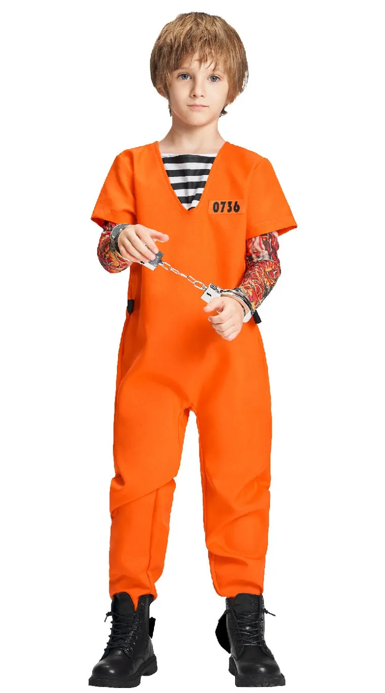 Kids Prisoner Jumpsuit Handcuffs Key Arm warmers Set Halloween Costume