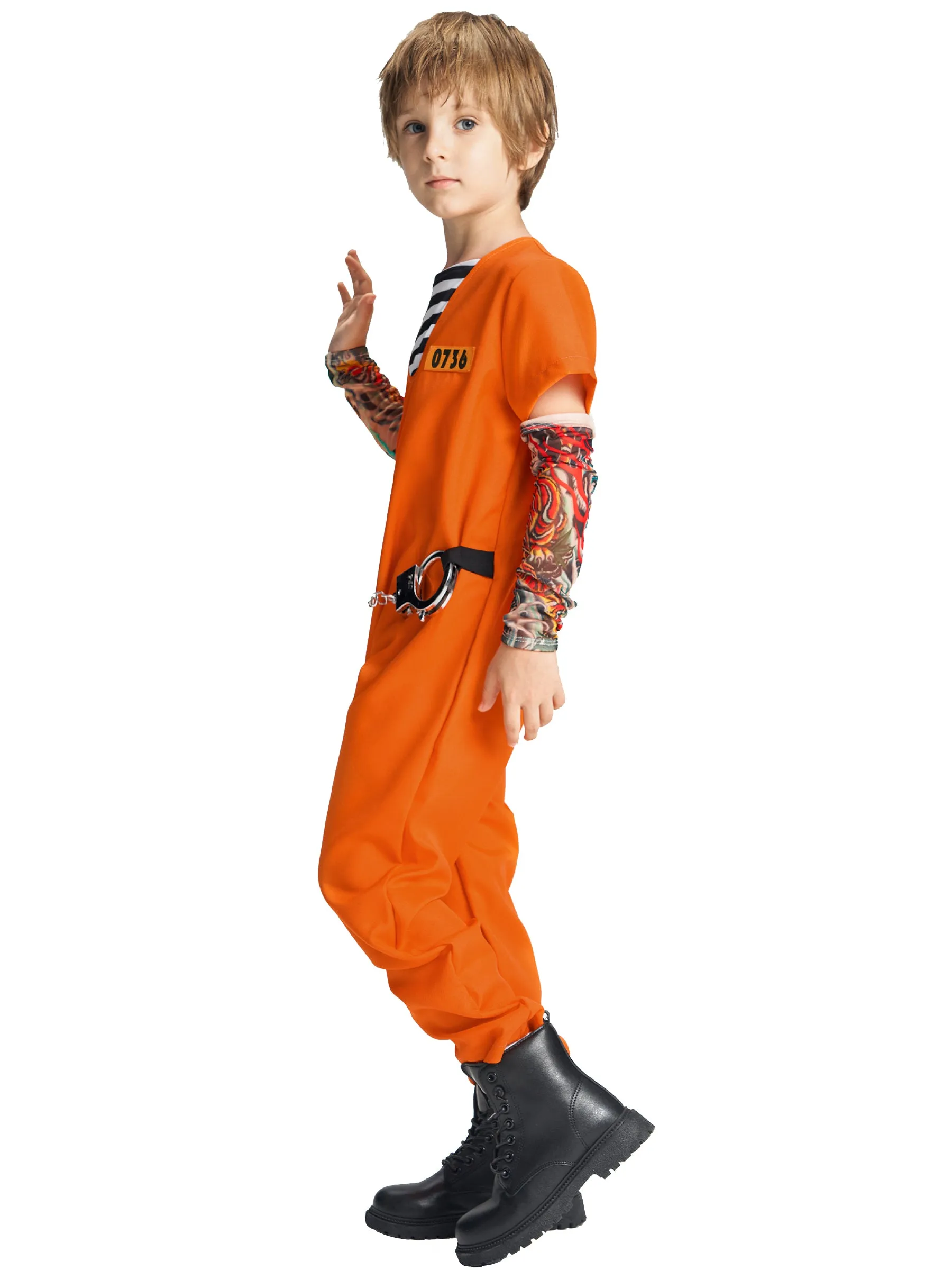 Kids Prisoner Jumpsuit Handcuffs Key Arm warmers Set Halloween Costume