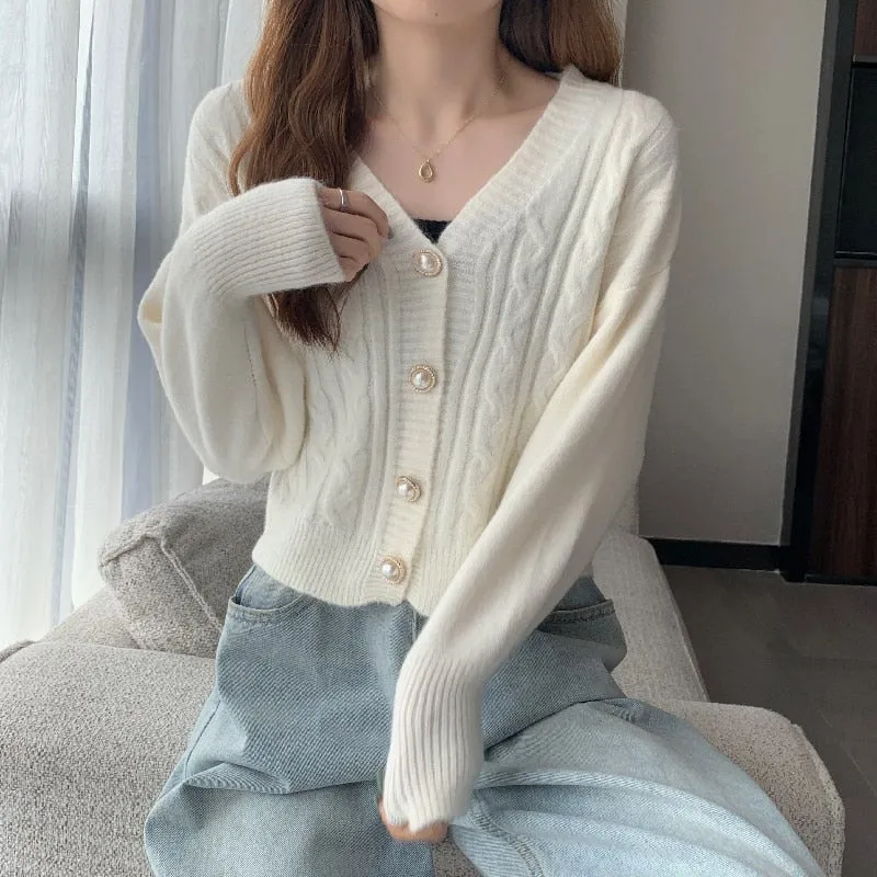 Knit Women Cute Cardigan Sweater Fashion Sweet Pearl Button Fall Loose Sleeve  Short Jacket V Neck Solid Color Coat