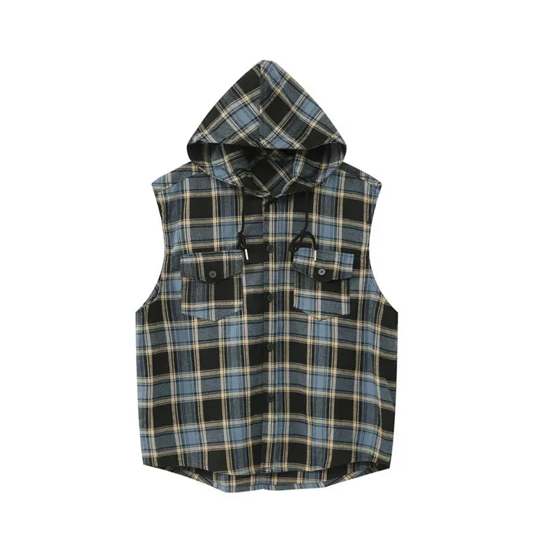 Korean Style Male Jackets Contrast Color Plaid Hooded Design Sleeveless Pullover Men's Coats Summer Trend  9C6723