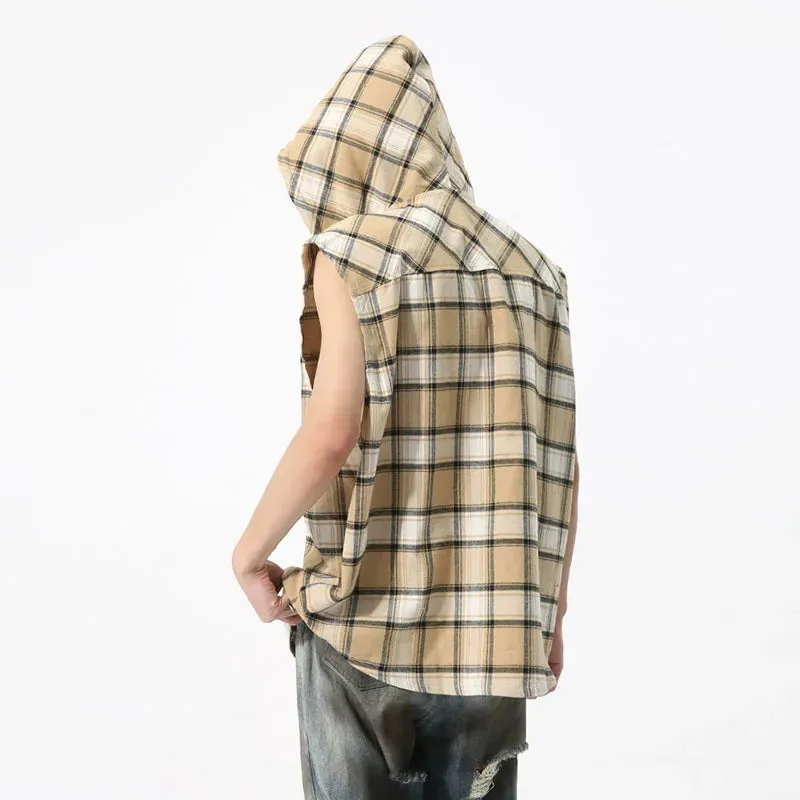 Korean Style Male Jackets Contrast Color Plaid Hooded Design Sleeveless Pullover Men's Coats Summer Trend  9C6723