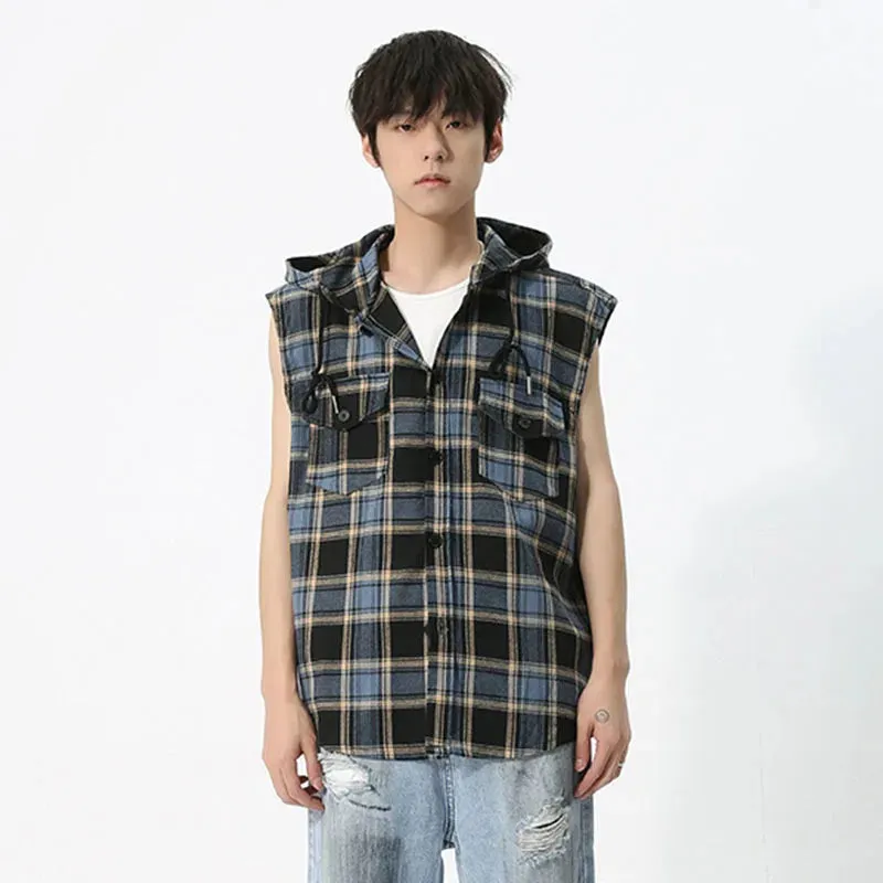 Korean Style Male Jackets Contrast Color Plaid Hooded Design Sleeveless Pullover Men's Coats Summer Trend  9C6723