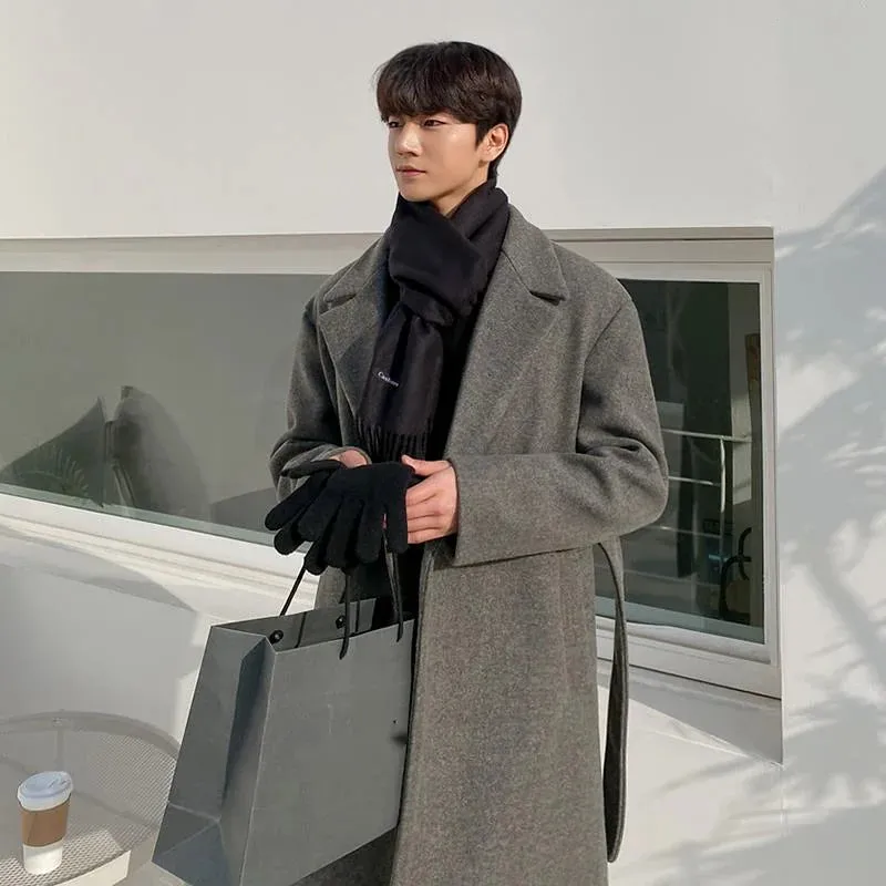 Korean Winter Woolen Overcoat Men's Long Style Trend Handsome Over Knee Thickening Medium Length Grey Coat With Belt 9Y8465