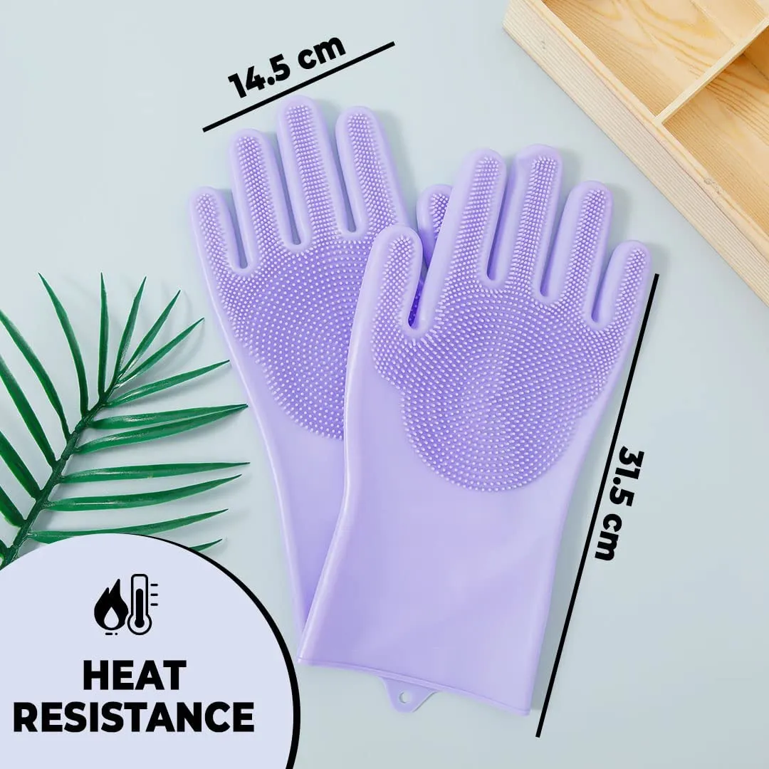 Kuber Industries Multi-Purpose Silicon Gloves For Kitchen Cleaning, Pet Grooming & Gardening|Reusable Gardening Gloves|Heat Resistant For Better Protection|Purple,Pack of3