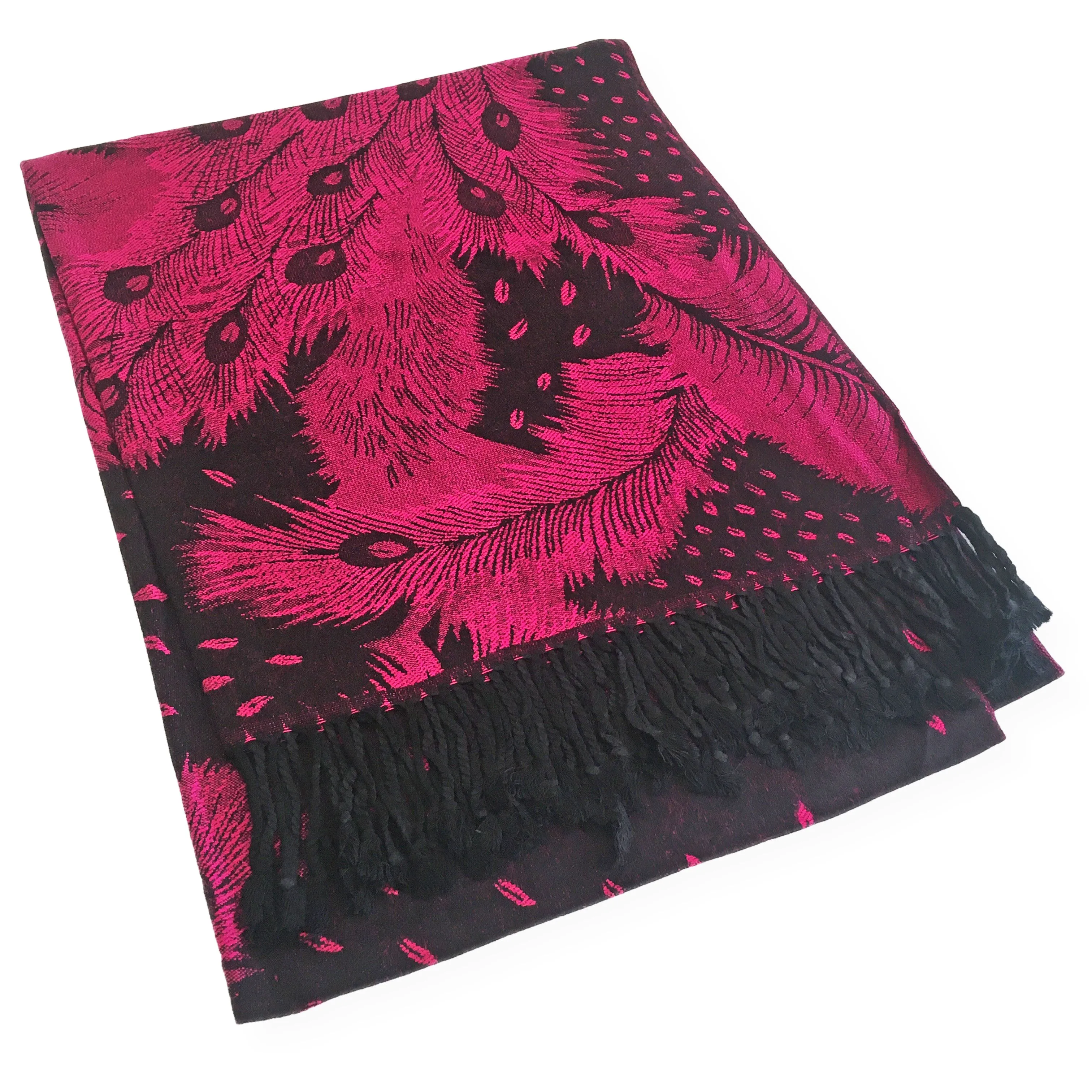 LARGE BLACK FEATHER AND LEAF PRINT REVERSIBLE PASHMINA SHAWL SCARF