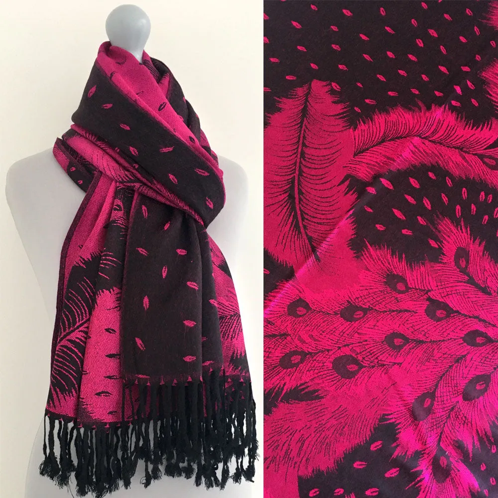 LARGE BLACK FEATHER AND LEAF PRINT REVERSIBLE PASHMINA SHAWL SCARF