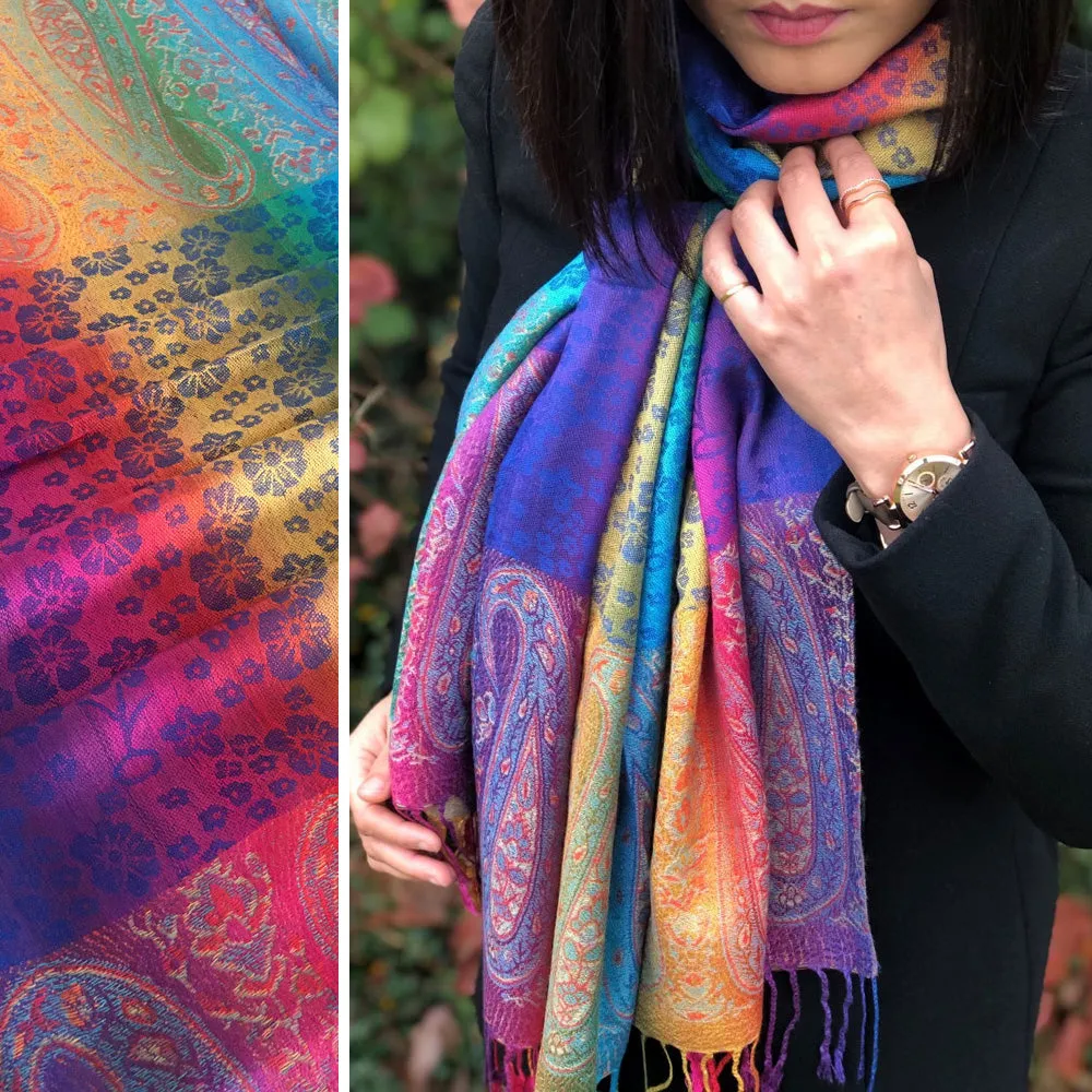 LARGE BLUE RAINBOW FLORAL PAISLEY PASHMINA SHAWL SCARF