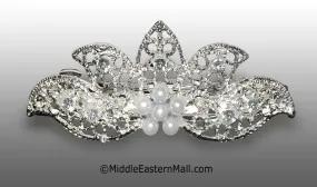 Large Fillagree Barrette Embellished with Rhinestones & Pearl Beads