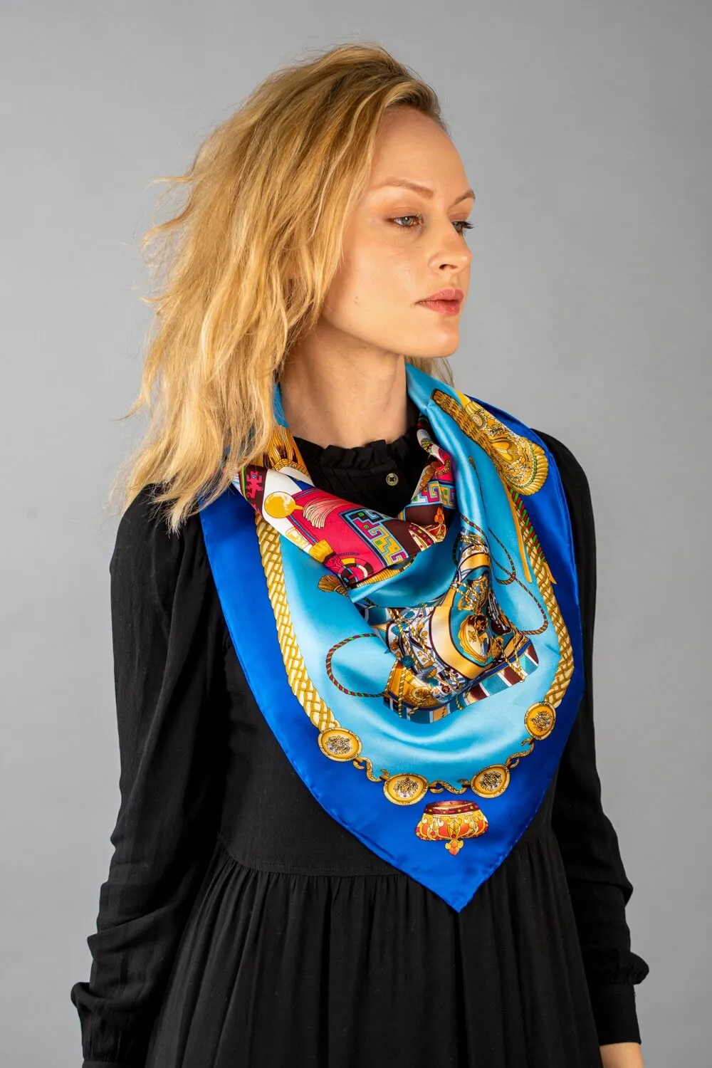 Large Square Satin Silk Scarf Warrior Royal Blue