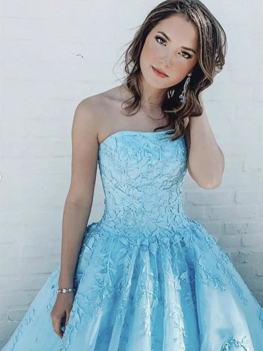 Light Blue A Line Strapless Lace Appliques Long Prom, Light Blue Lace Formal, Lace Blue Evening