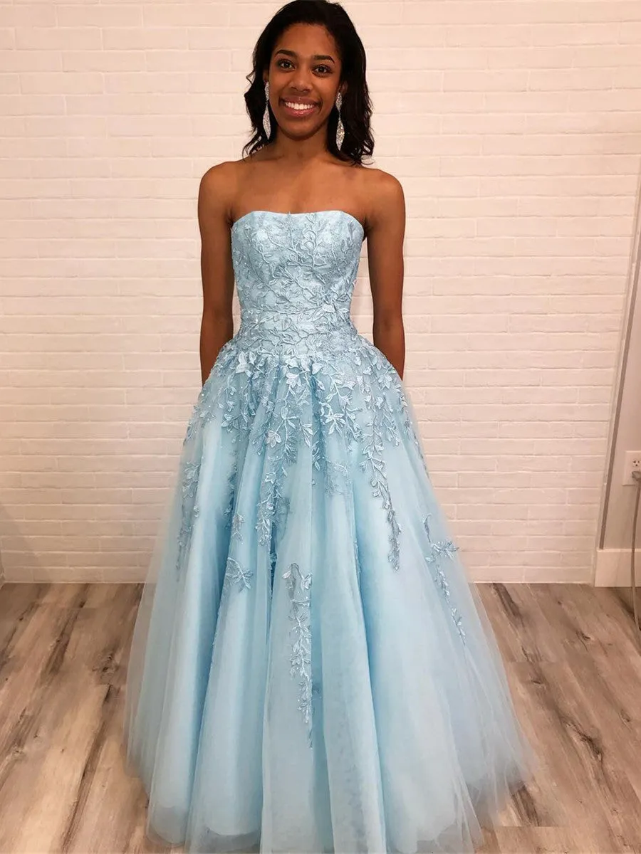 Light Blue A Line Strapless Lace Appliques Long Prom, Light Blue Lace Formal, Lace Blue Evening