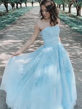 Light Blue A Line Strapless Lace Appliques Long Prom, Light Blue Lace Formal, Lace Blue Evening