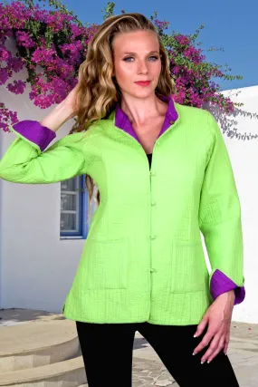 Lime Green with Purple Reversible Short Cotton Quilted Jacket