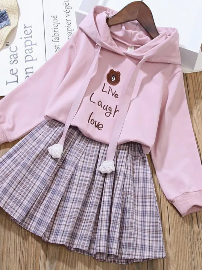 Live, Laugh, Love Hoodie and Pleated Tartan Skirt Set