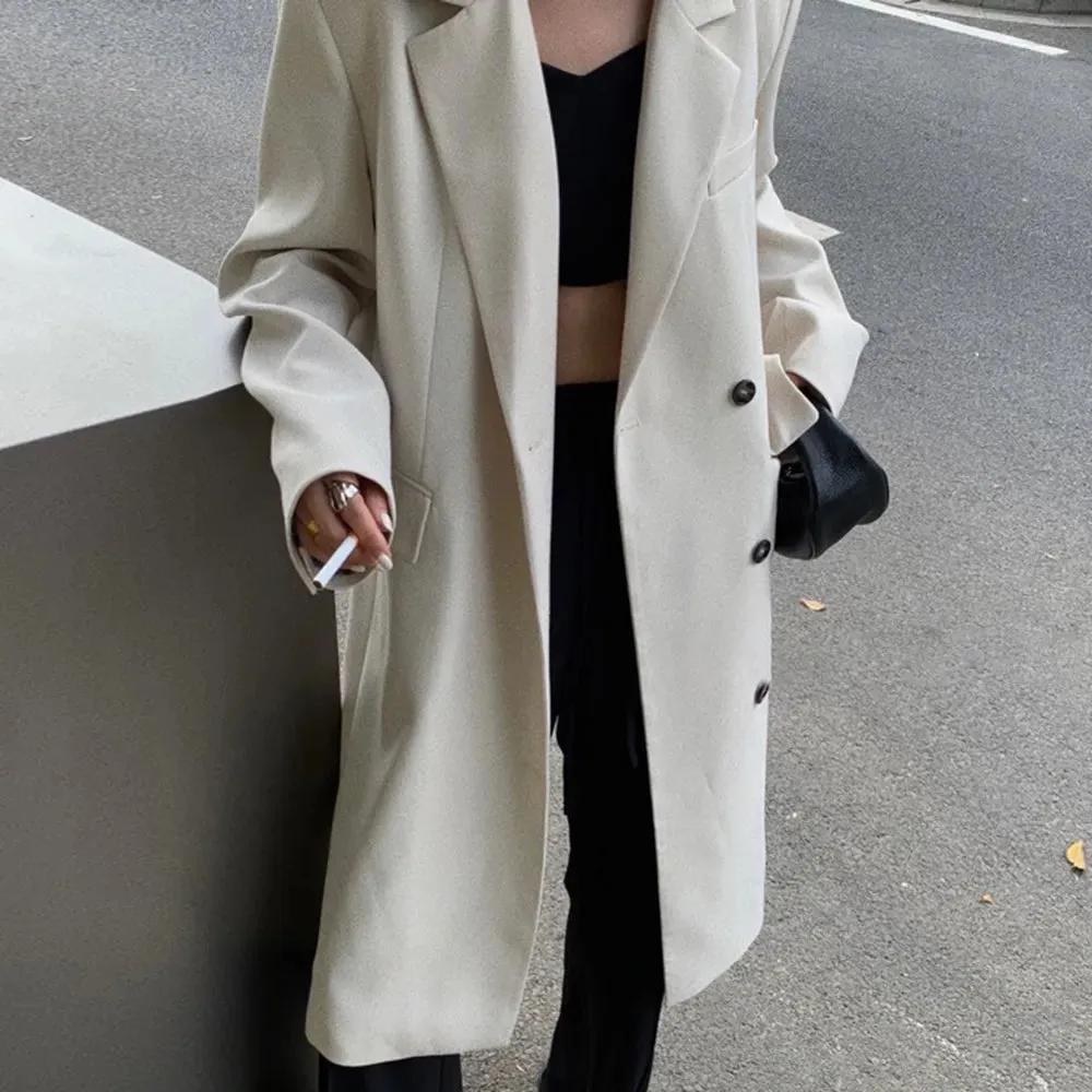 Long Length Blazers For Women Notched Collar Long Sleeve Patchwork Single Breasted Slim Blazer Female Fashion